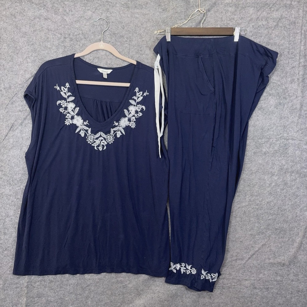 Soma Pajama Set Womens Sz XXL Blue Embroidered Cropped Pockets Stretch